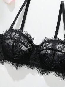 SHEIN حمالة صدر نسائية رومانسية من الدانتيل الفرنسي الجذاب - الأسود - مشاهدة 4
