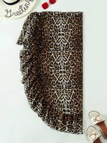 SHEIN Swim 2025 女式豹纹开叉下摆荷叶边海滩罩裙，随机印花夏季 - 彩色 - 查看 5
