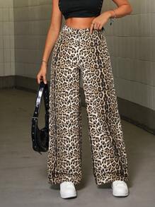 SHEIN PETITE 女士牛仔裤休闲宽松豹纹阔腿裤棉质、豹纹牛仔裤、宽松女士牛仔裤、可爱牛仔裤、豹纹裤、万圣节服装 - 彩色 - 查看 7