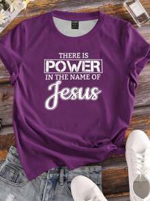 INAWLY Áo phông Christian cỡ lớn, Áo phông thường ngày dành cho nữ có khẩu hiệu "In The Name Of Jesus There Is Power" Áo phông họa tiết dành cho nữ, Dành cho mùa hè - Màu tím - Xem 3