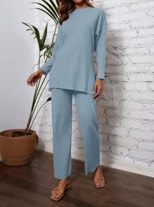 Drop Shoulder Split Hem Tee & Pants