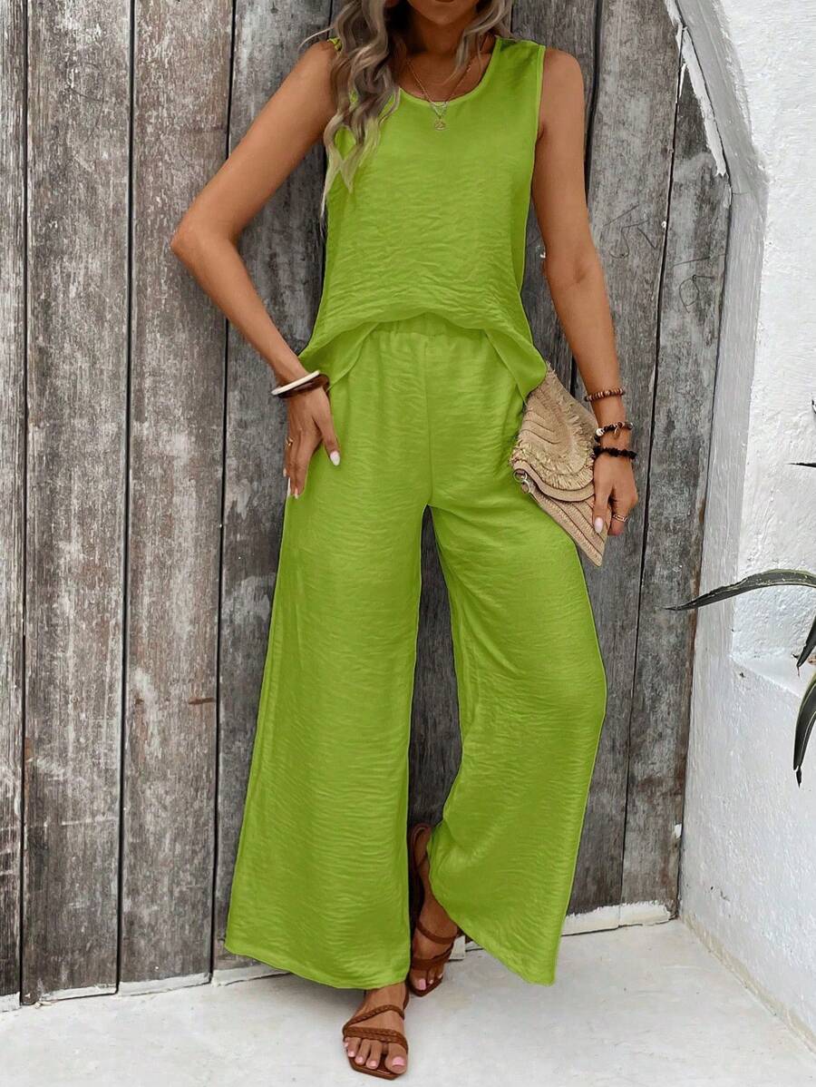 Chiquease 2 件套白色圆领无袖 A 字型宽松直筒裤休闲套装，春夏 - 綠色 - 查看 1