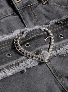 ROMWE Grunge Punk Women Pocket Patchwork Grommet Trim Wide Leg Casual Denim Low Waist Jeans, School - Grey - View 4