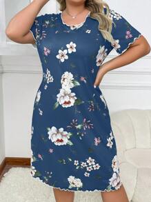 Blume Muster Kleid in Große Größen mit Kurzarm, Moo Moo Nachthemd - Blau - Übersicht 4