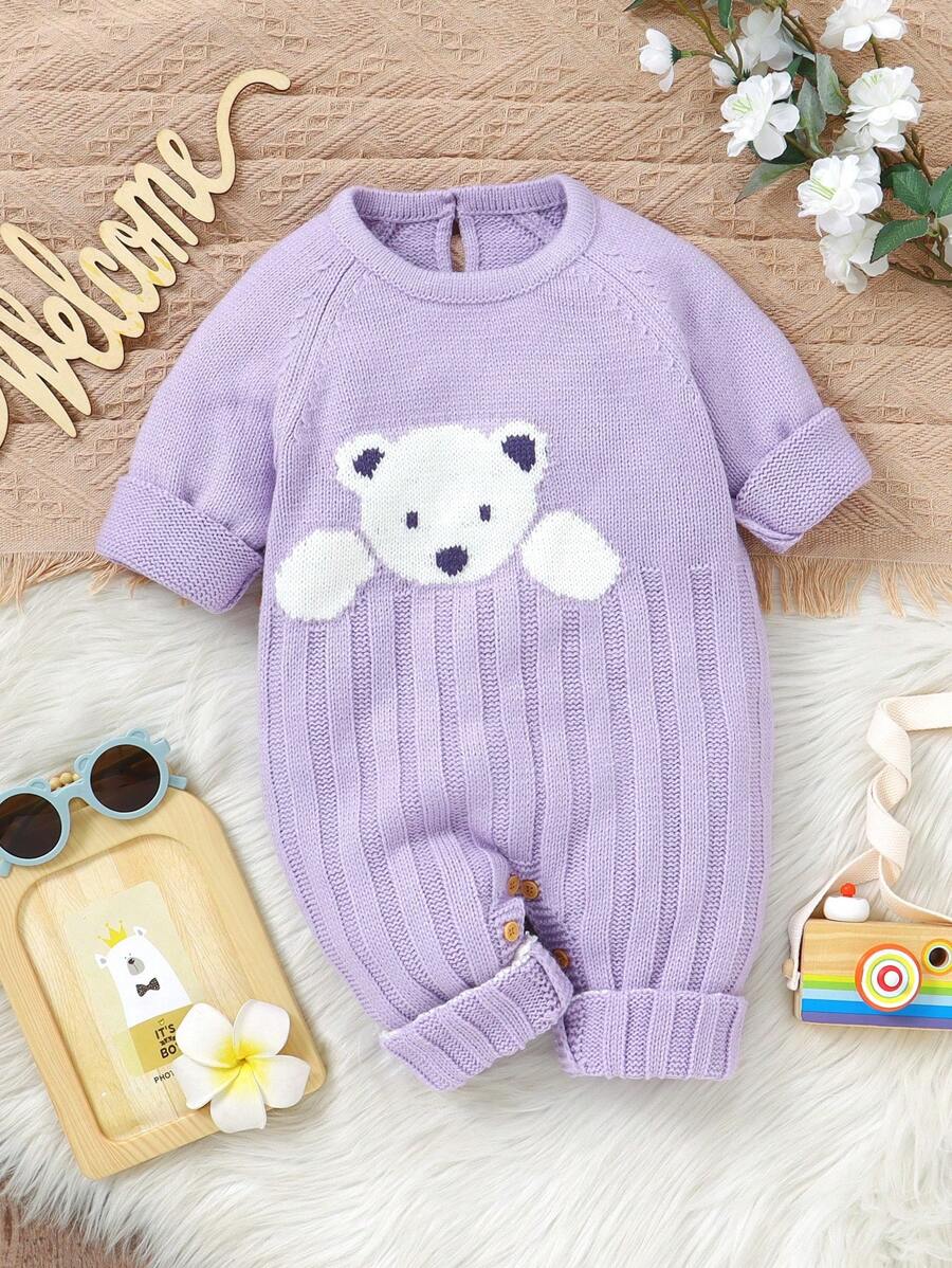 Mono de punto con lindo estampado de oso para bebé niña caqui - Morado - Ver 1
