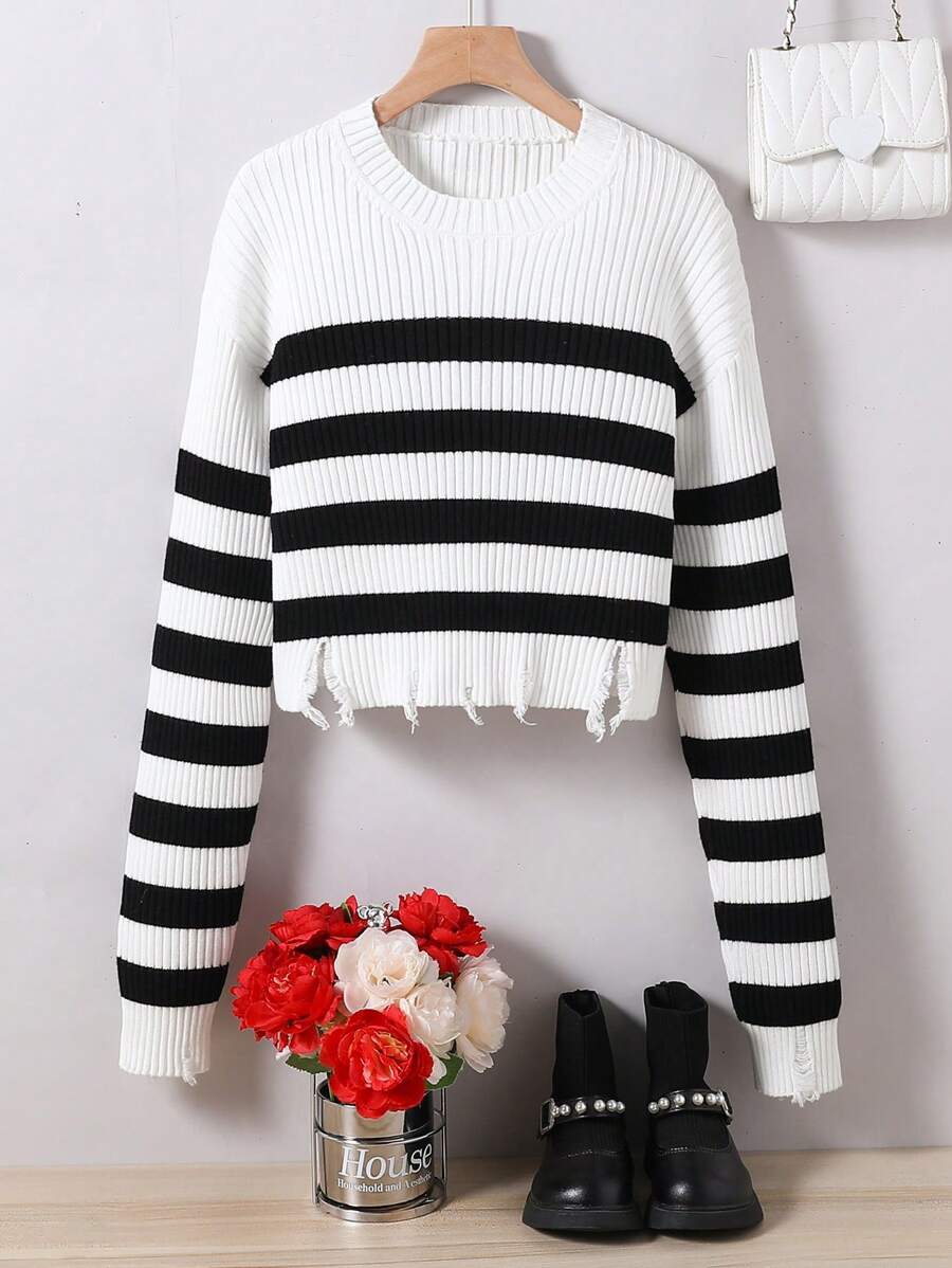 Áo len chui đầu tay dài cổ tròn rách sọc ngắn cho bé gái tuổi teen, thời trang thường ngày - Đen và trắng - Xem 1