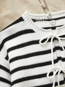 Travachic Áo len cardigan dài tay thắt nơ cổ tròn rộng rãi cho nữ, trang trí nơ, mùa thu cho nữ, áo dài tay - Đen và trắng - Xem 4