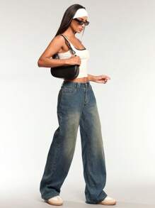 Forever 21 New Autumn Winter Retro Washed Wide Leg Classic Denim Jeans Pants - Blue - View 4