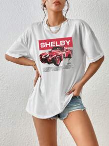 INAWLY Camiseta de manga corta holgada de verano con estampado de eslogan y coche para mujer