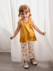 Cozy Pixies 2pcs Girl Sets - Solid Round Neck Ruffle Sleeveless Top And Polka Dot Pants - Brown - View 3