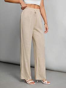 SHEIN Tall Women's Linen Slub Trousers - Khaki - View 5