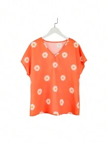 SHEIN LUNE Women's Fashionable Daisy Printed Short Sleeve Shirt - Orange - View 1