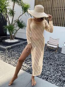 SHEIN Swim 纯色圆领优雅针织长袖罩衫连衣裙 - 杏色 - 查看 4