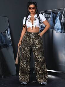 SHEIN ICON Plus Size Fashionable Leopard Print Wide Leg Cargo Jeans - Brown - View 4