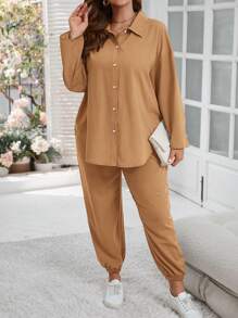 SHEIN LUNE 2 chiếc Plus Size Nút Xuống Áo dài tay rộng và dây rút Chân thẳng Bộ quần âu - Màu nâu  Mocha - Xem 4