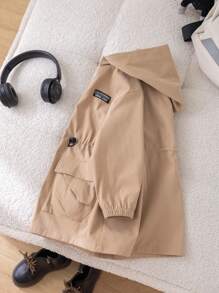 SHEIN Tween Boys Extended Size Spring/Fall Casual Drawstring Hooded Jacket With Waistband And Pockets