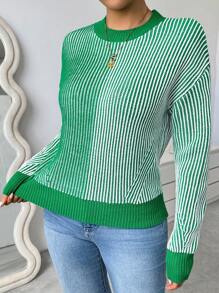 Chiquease 女士圆领长袖撞色条纹休闲宽松毛衣，针织套头衫，秋冬款 - 綠色 - 查看 4