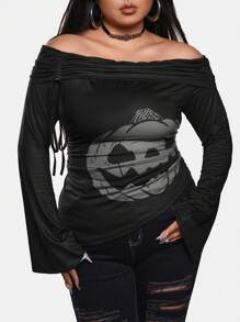 Mystic heart Artist Plus Size Y2K Halloween Pumpkin Print Long Sleeve T-Shirt, Women Top, For Holiday, Going Out, Festival, Graphic Tee - Black - View 6