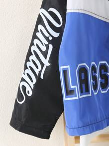 SHEIN Chaqueta de estilo de calle de moda informal para niñas, chaqueta oversize de hombros caídos con estampado de letras y bloque de color en contraste - Negro - Ver 4