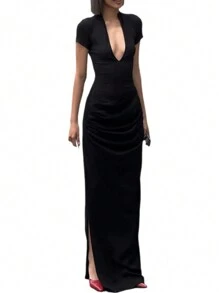 INAWLY Women's Solid Color Black Deep V-Neck Short Sleeve Maxi Ruched Bodycon Dress, Summer - Black - View 5