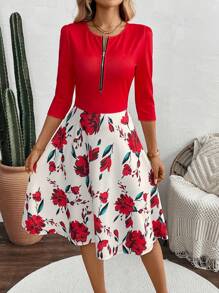 SHEIN Clasi 女式春夏时尚花卉印花拼色连衣裙 - 彩色 - 查看 3