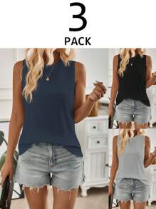 SHEIN LUNE Top casual a costine senza maniche con scollo a girocollo in colore unito, estivo - Multicolore - Visualizzare 5