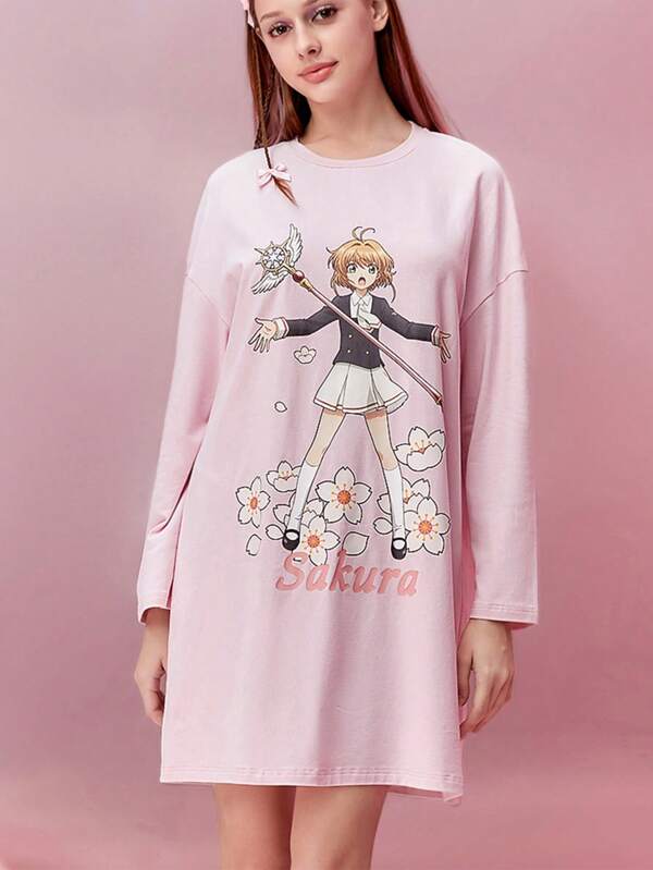 CARDCAPTOR SAKURA | SHEIN Personaj de desene animate și rochie de pijamă cu umăr căzut cu imprimeu cu flori de cireș