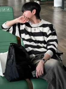 DAZY Men's Casual Contrast Striped Ripped Knitted Sweater, Autumn - Multicolor - View 1