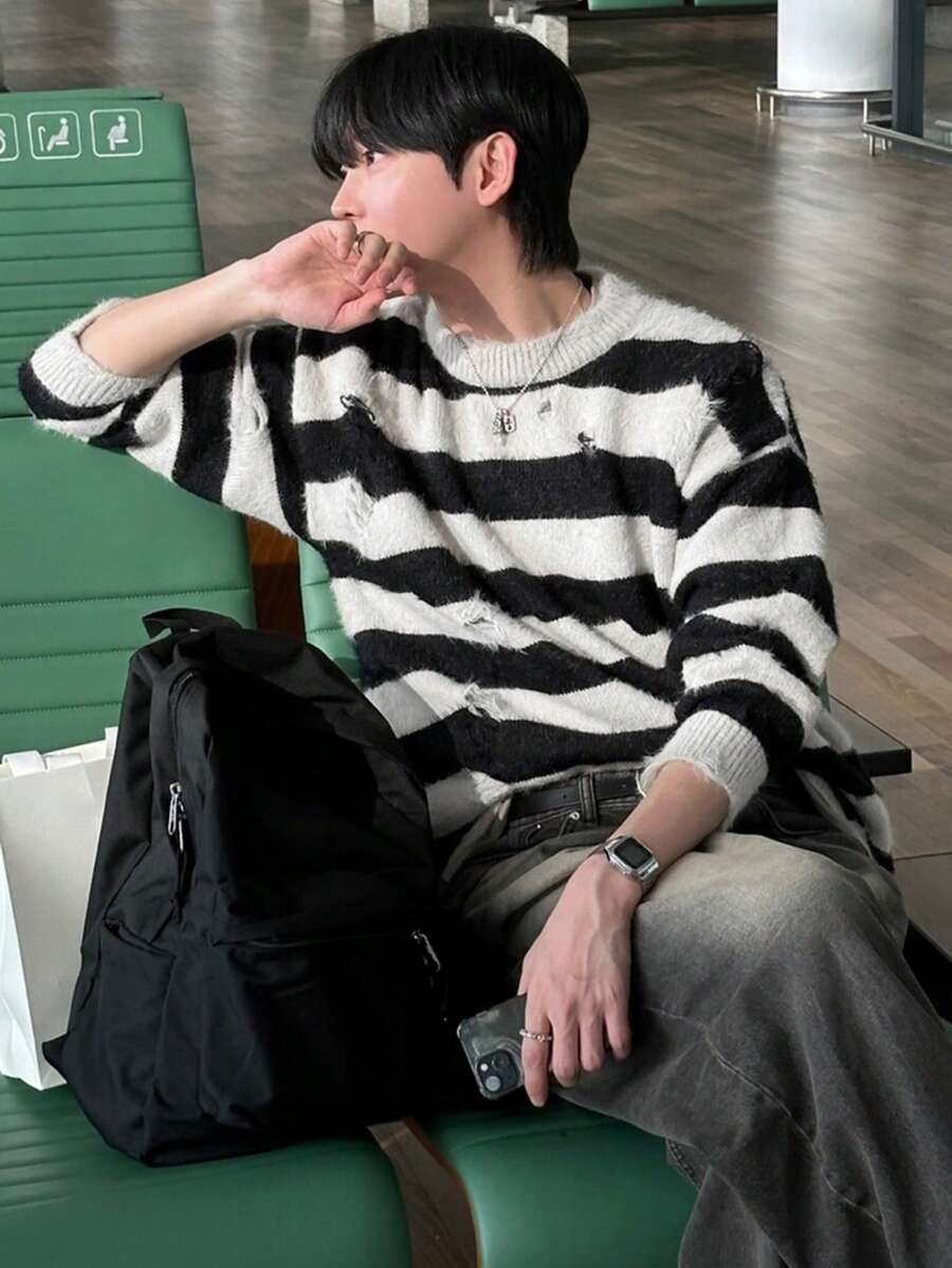 DAZY Men's Casual Contrast Striped Ripped Knitted Sweater, Autumn - Multicolor - View 1