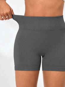 SHEIN Sports Women's Solid Color High Waist Everyday Fitness Shorts - Grey - View 3