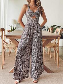SHEIN VCAY Holiday Woven Leopard Pattern Wide Leg Front Center Cut Out Women's Jumpsuit - Brown - View 4
