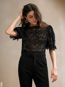 Anewsta Women Black Lace Gathered Waist Lantern Sleeve Top