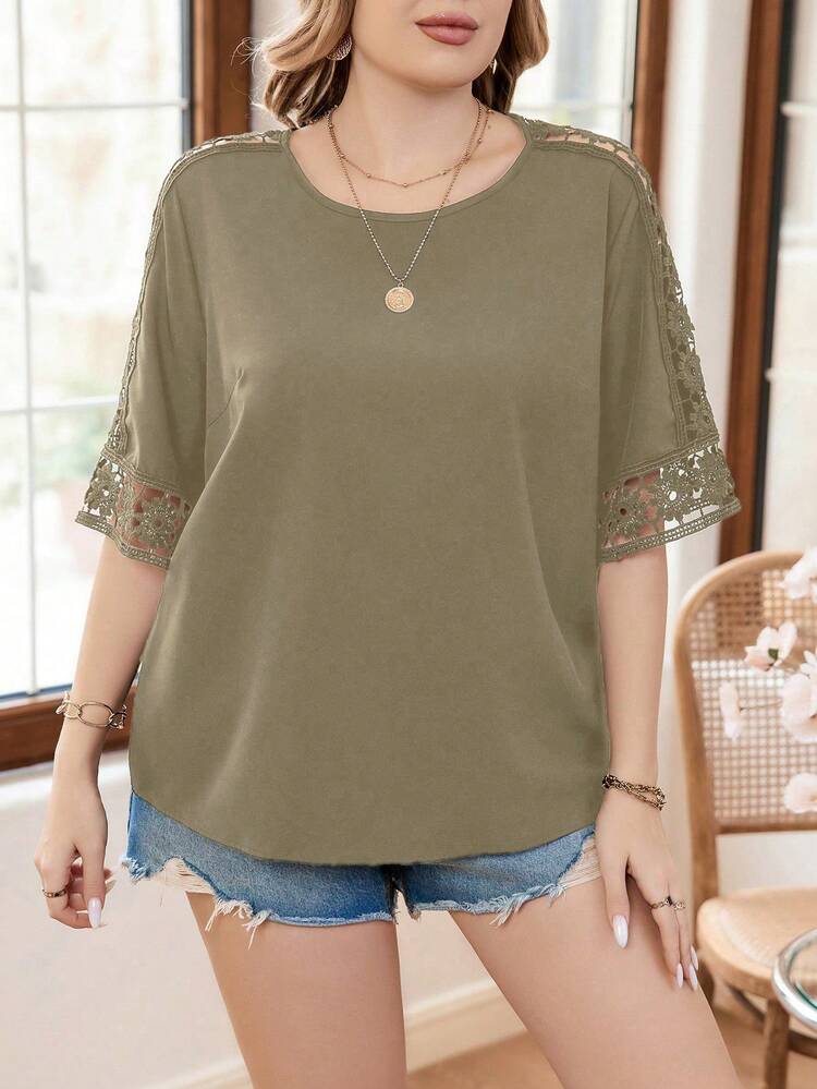 SHEIN Franclia 大码纯色圆领蕾丝撞色短袖衬衫 - 咖啡棕 - 查看 6