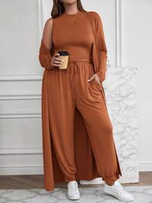 SHEIN LUNE 3 pièces/set Top ajusté pour femme grande taille, veste longue ample et pantalon casual à cordon de serrage - Acajou - Voir 3