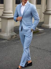 Manfinity Bizformal Men's Slim Fit Business Suit, Single Breasted Button Jacket With Pockets And Lapel, Trousers Included - Baby Blue - View 6