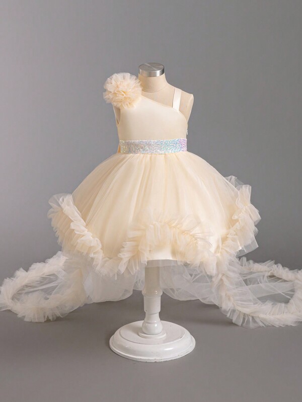 SHEIN Glamorique Kids Rochie de prințesă cu coadă din plasă cu paiete pentru fetițe de culoare șampanie, rochie de petrecere de Crăciun cu bretele de umăr