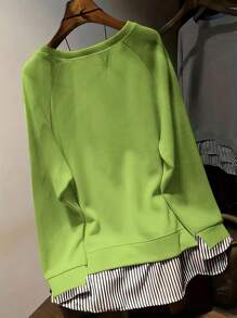 INAWLY Plus Size Casual Striped Patchwork 2 In 1 Sweatshirt , Graduation, Teachers For Women, Back To School Pullover Fall Winter Autumn - Green - View 2