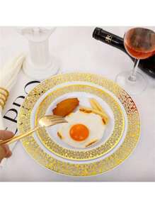 250/125/50/20/10/4 件金色塑料可重复使用餐具套装，包括：7.5/10.25 英寸白金边缘盘子、刀、叉和勺子，适合家庭聚会、生日派对、婚礼和节日庆祝 - 彩色 - 查看 5