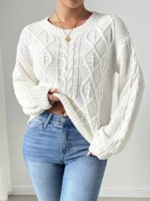 Chiquease 女士圆领长袖纹理粗针织宽松毛衣