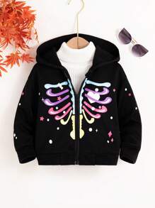 SHEIN Young Girl Halloween Print Thermal Lined Long Sleeve Jacket, Autumn, For Halloween Party - Black - View 1