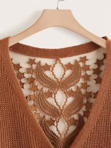 Celure 加大码 V 领纽扣长袖时尚宽松开衫，棕色女式开衫，冬季 - 咖啡棕 - 查看 3