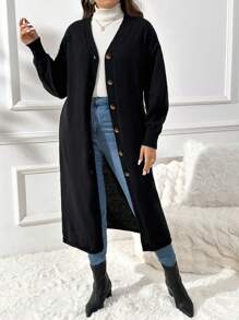 SHEIN Essnce Plus Size Women's Sweater Dress, Black Dress, Halloween Witch Costume,Sweater Winter Women Dress Cardigan Sweater,Women Cardigans Fall Women Dresses Long Sweater,Long Black Dress,Long Coat Plus Black Skirt - Black - View 6