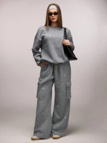 SHEIN SXY Quần áo mùa thu cho phụ nữ Áo nỉ dài tay rộng rãi đính đá Rhinestone cho ngày thường trở lại trường Áo nỉ ngoại cỡ mùa thu và đông Quần áo mùa thu cho phụ nữ - Xám - Xem 3