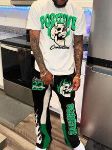 Manfinity LEGND 男士夏季街头风格拼色骷髅与字母印花短袖 T 恤和裤子套装，男士两件套服装，街头服饰，万圣节 - 彩色 - 查看 1