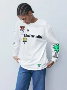 Maija Women's Simple Floral Print Crew Neck Long Sleeve T-Shirt, Spring/Autumn - White - View 6