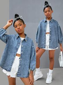 SHEIN Tween Girl Y2K Casual Stonewashed Drop Shoulder Baggy Soft Denim Shirt,Tween Girl Back To School Clothes Outfits