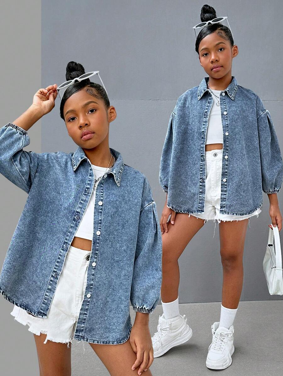 SHEIN Tween Girl Y2K Casual Stonewashed Drop Shoulder Baggy Soft Denim Shirt,Tween Girl Back To School Clothes Outfits