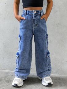 SHEIN 年轻女孩新款休闲时尚工装牛仔裤，喇叭直筒裤 - 中等水洗藍 - 查看 4