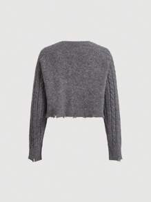 SHEIN MOD 女士灰色流苏边菱形图案针织毛衣，返校季，秋季针织套头衫，秋季女士毛衣 - 灰色 - 查看 5