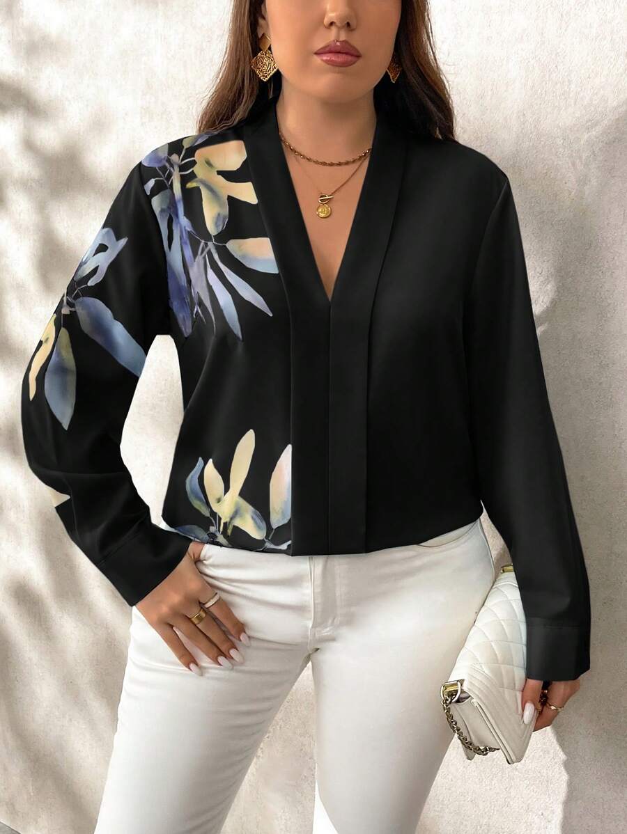 SHEIN Clasi Áo cánh dài tay họa tiết thực vật thanh lịch cỡ lớn cho nữ mùa thu & mùa thu - màu đen - Xem 1